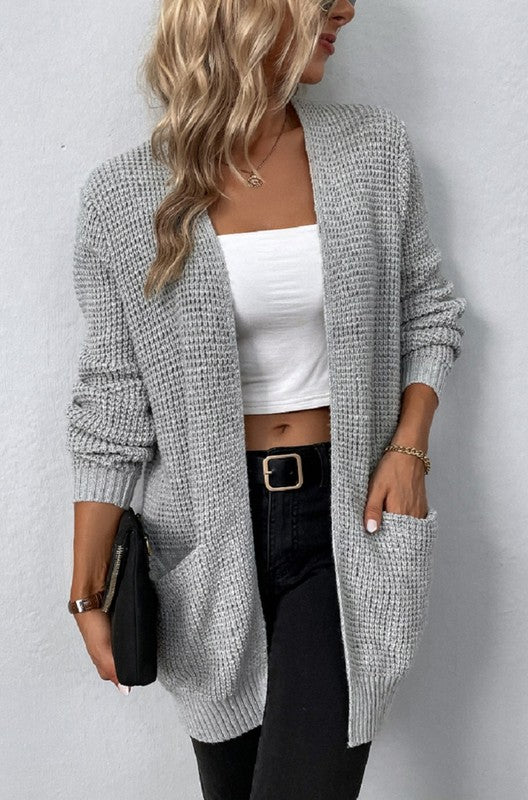 Open front waffle sweater cardigan