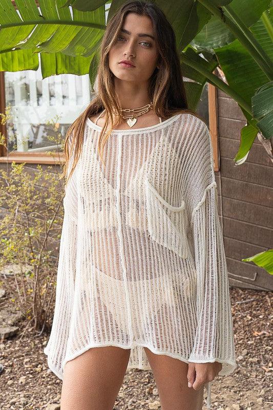 Lexi Loose Fit See through Boat Neck Sweater - Oak & Ivy Boutique