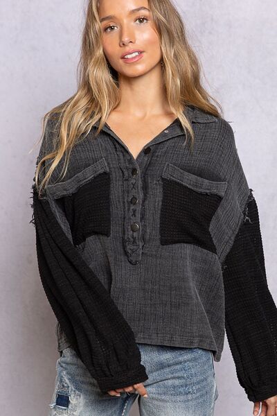 Polly Oversize Contrast Long Sleeve Half Button Blouse