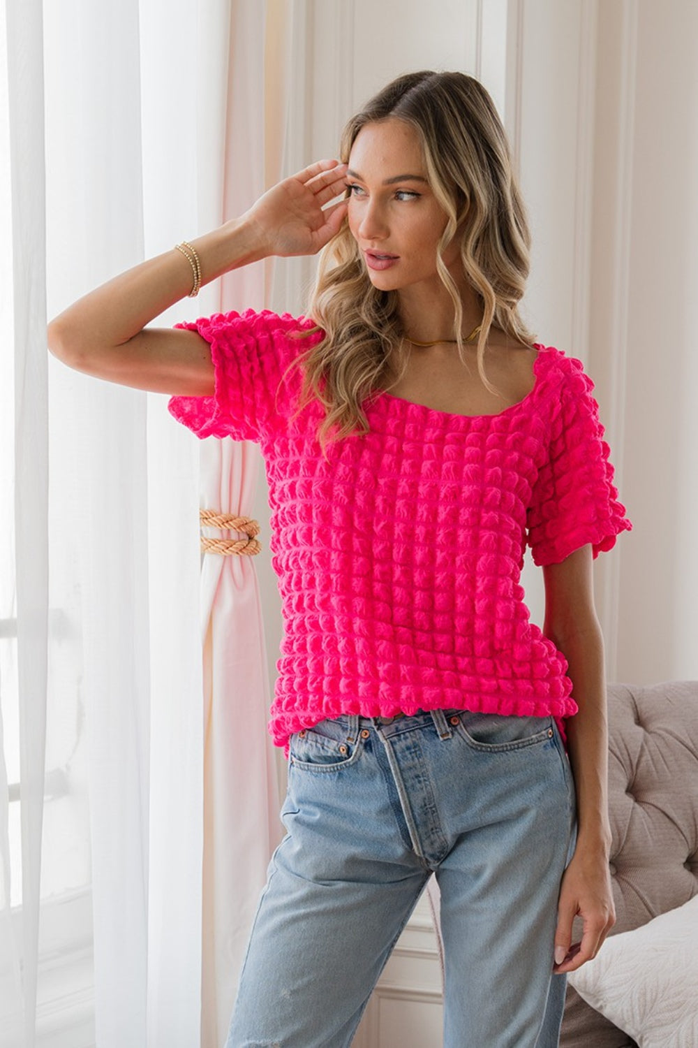 Bubble Textured Round Neck Short Sleeve Top